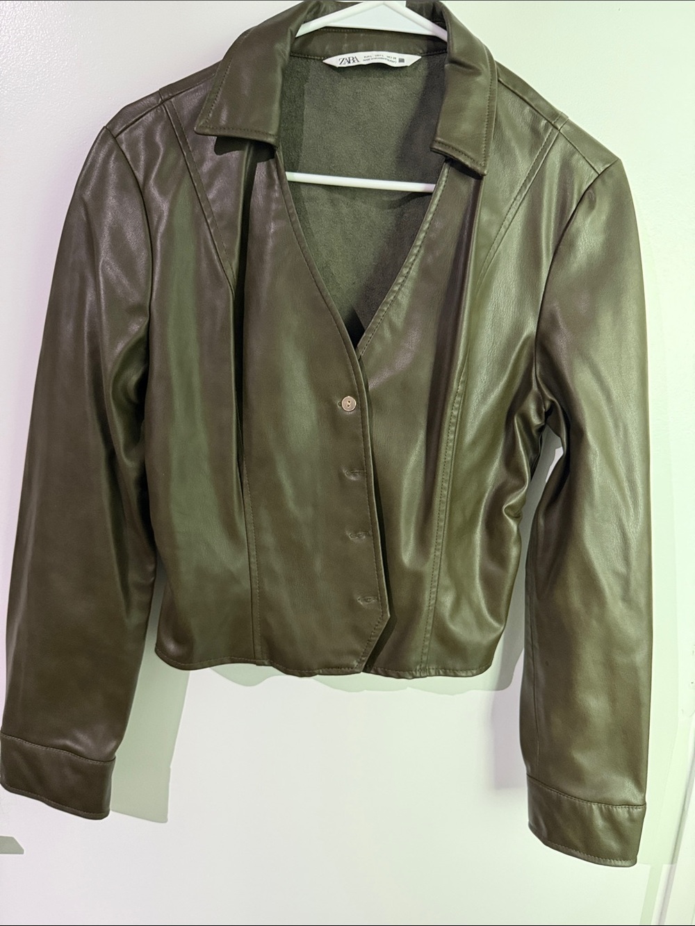 Zara Olive Leather Button-Front Jacket